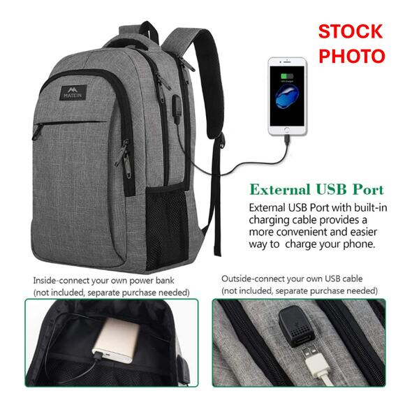 MATEIN Grey Laptop Backpack 15.6” USB Charging Port Water-Resistant Travel - Picture 15 of 16